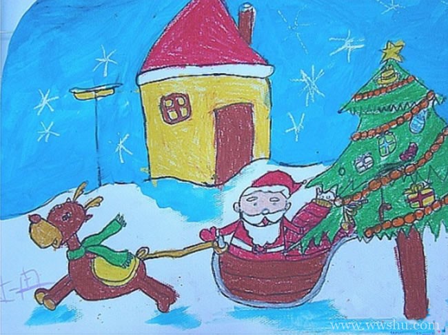 圣诞老人驾着雪橇车儿童画