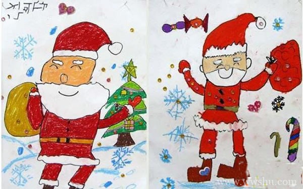 送礼物的圣诞老人儿童蜡笔画图片