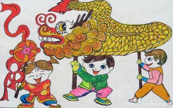庆祝春节舞龙儿童画欣赏