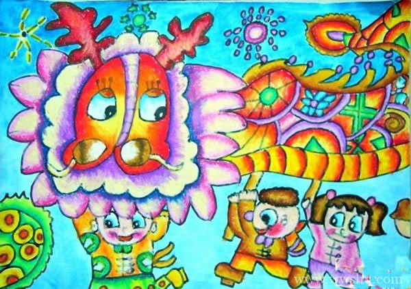一组春节舞龙儿童画