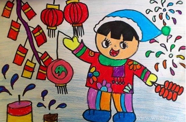 喜贺新年简单好看的儿童画作品