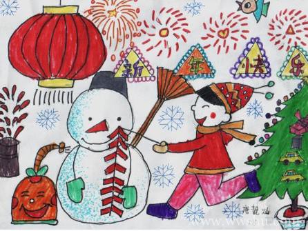 欢度春节主题儿童蜡笔画作品图片