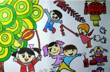 欢度春节主题儿童蜡笔画作品图片