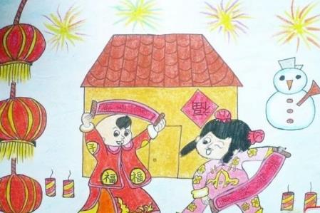 春节贴对联儿童蜡笔画作品图片