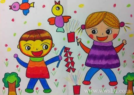 描绘开心的春节儿童画图片