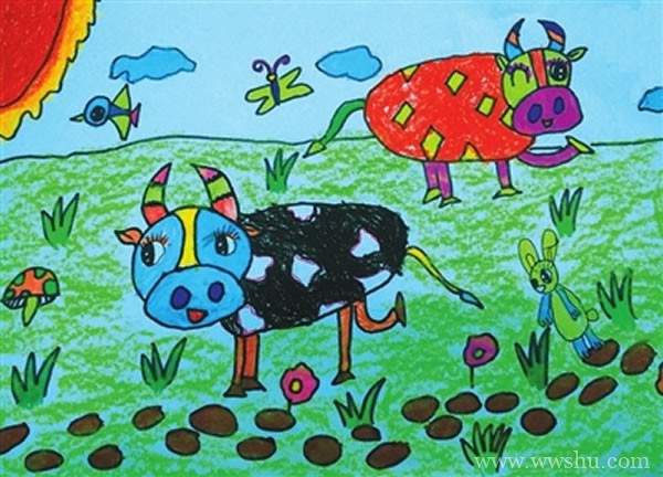 草原上的牛儿童画