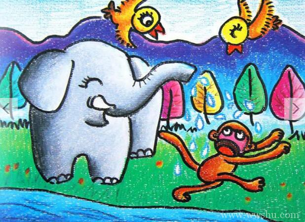 大象和猴子儿童画