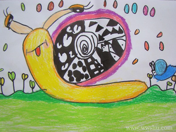 儿童画爬行的蜗牛蜡笔彩色画
