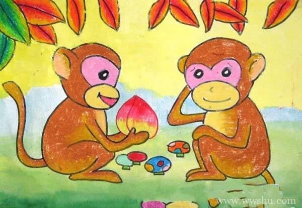 小猴子吃桃子儿童画
