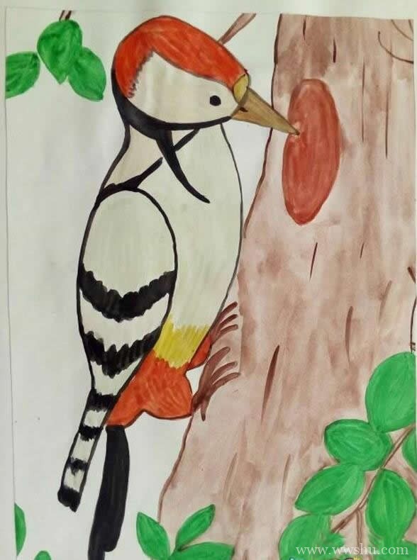 啄木鸟给大树治病儿童画