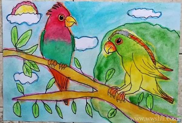 两只鹦鹉儿童画小鸟图片欣赏