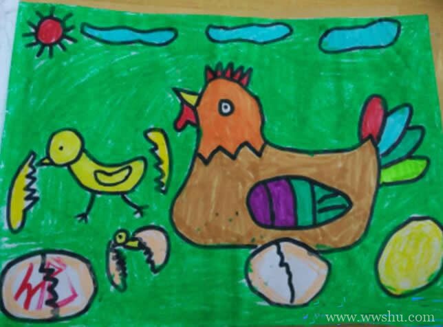 母鸡孵小鸡儿童画