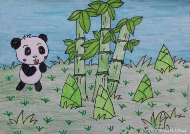 大熊猫吃竹子儿童画