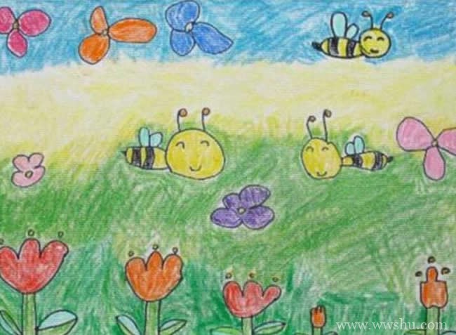 勤劳的小蜜蜂和花朵儿童画
