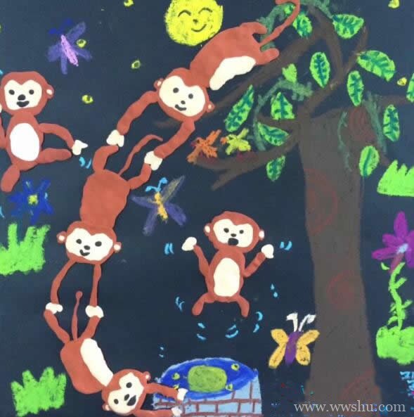 猴子捞月主题儿童画