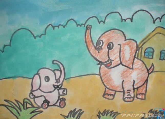 可爱的大象和小象儿童画