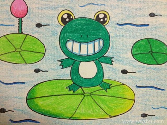 池塘荷叶上的青蛙儿童画
