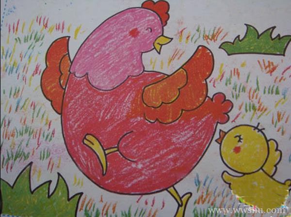 小鸡追母鸡儿童蜡笔画