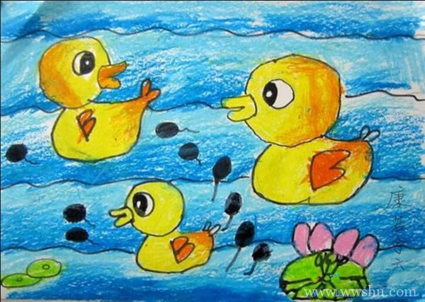 池塘里的鸭子儿童画作品