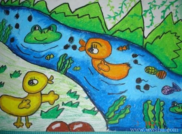 池塘里的鸭子儿童画作品