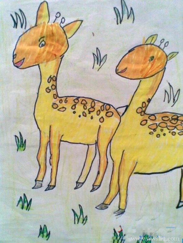 一组简单梅花鹿儿童画作品