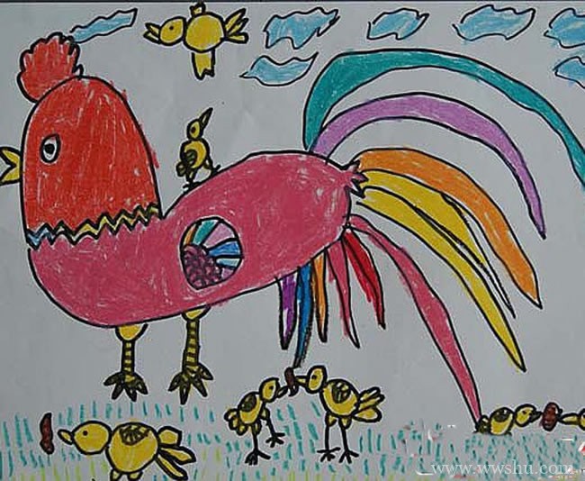 美丽的花公鸡儿童画