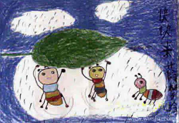 下雨天避雨的小蚂蚁儿童画