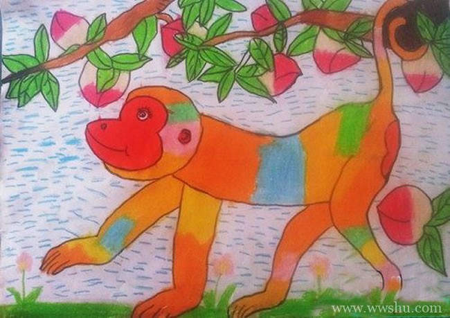 猴子偷桃儿童画教师范画