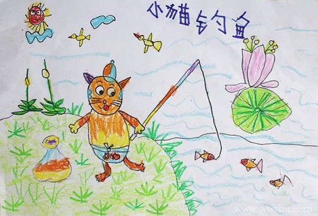 小猫钓鱼儿童画
