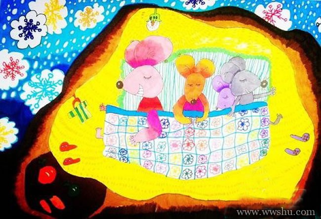 冬眠的老鼠一家儿童画