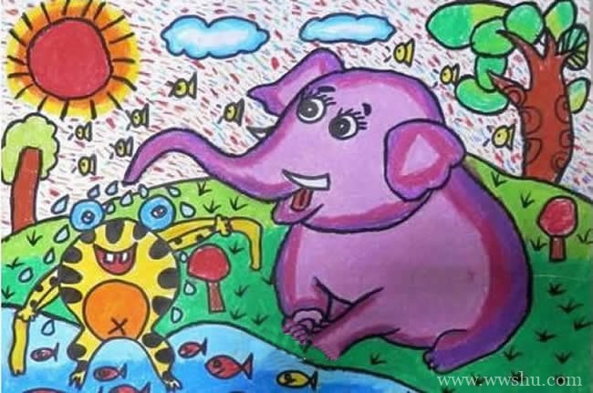大象和青蛙卡通儿童蜡笔画图片