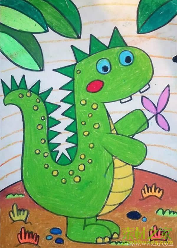 卡通小恐龙儿童蜡笔画