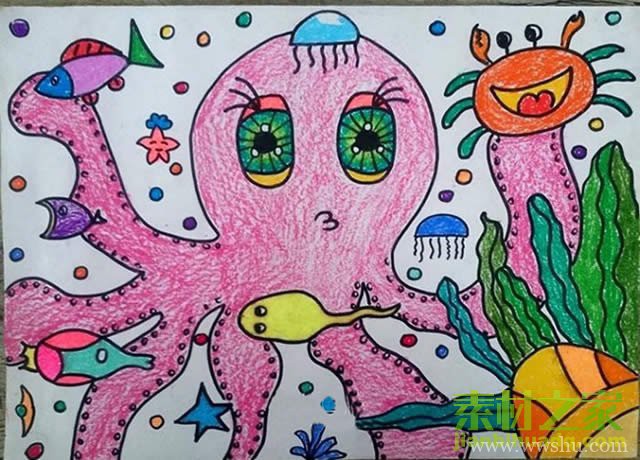 可爱章鱼儿童蜡笔画作品图片