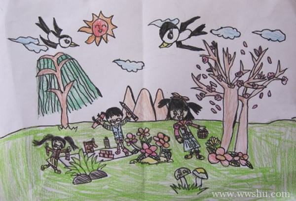 春天里的郊游儿童画作品欣赏