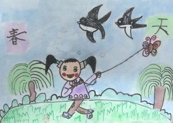 儿童画春天放风筝的图画