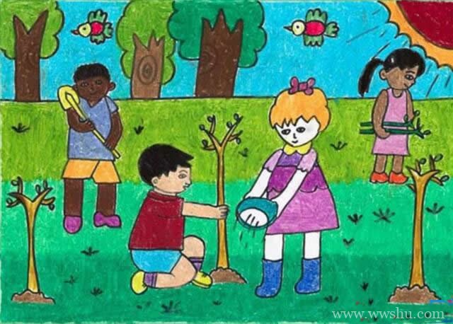 春天小朋友植树环保儿童画