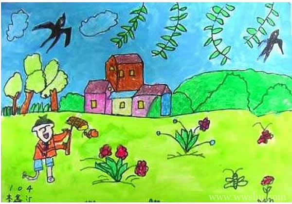 一组春天快乐的郊游儿童画