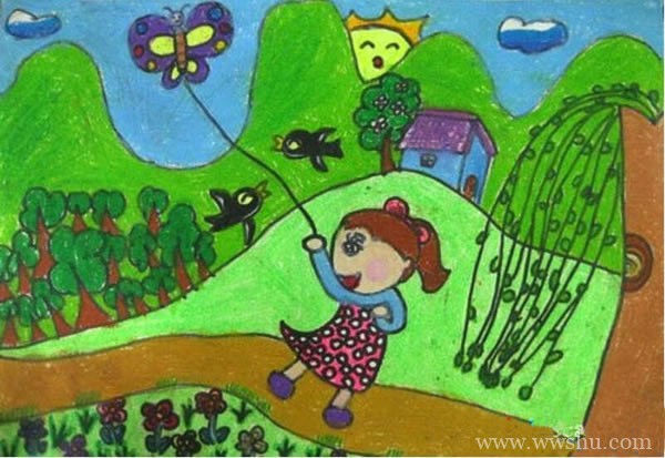 儿童画春天放风筝