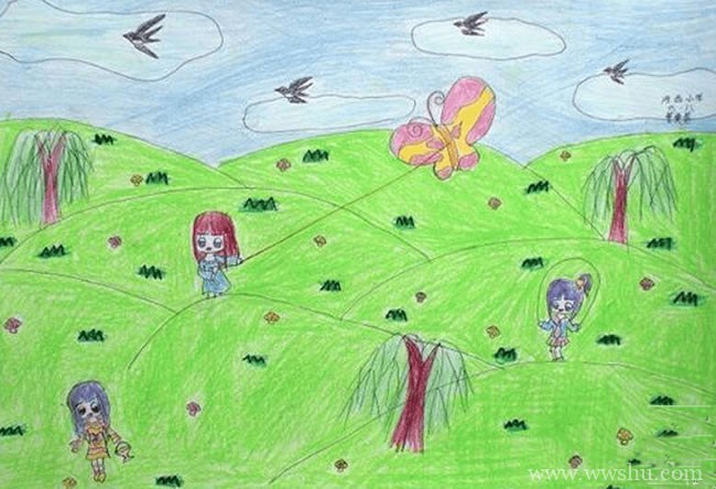 春天放风筝主题儿童画