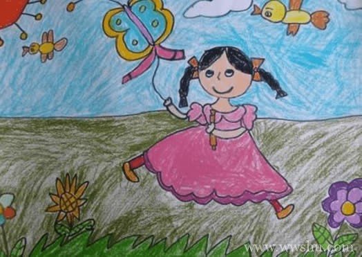 小学生创意春天儿童画-放风筝