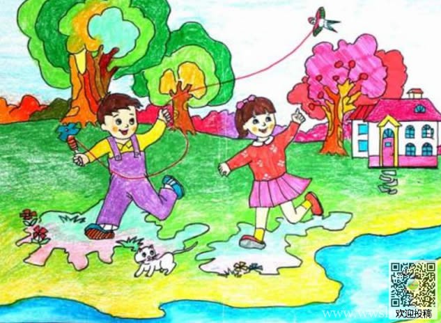 小学生创意春天儿童画-放风筝