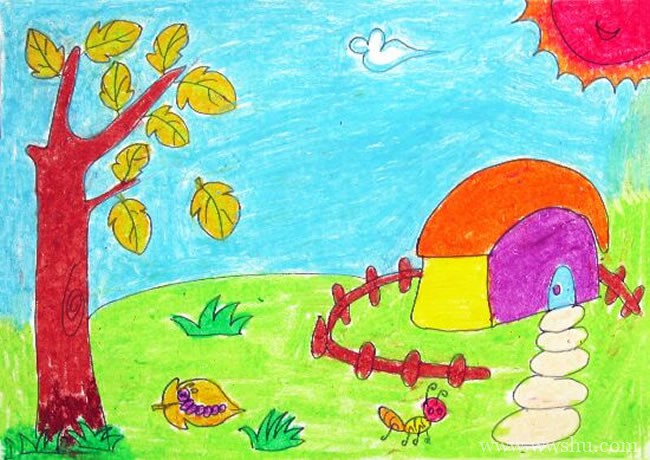 小学生秋天的小乡村儿童画