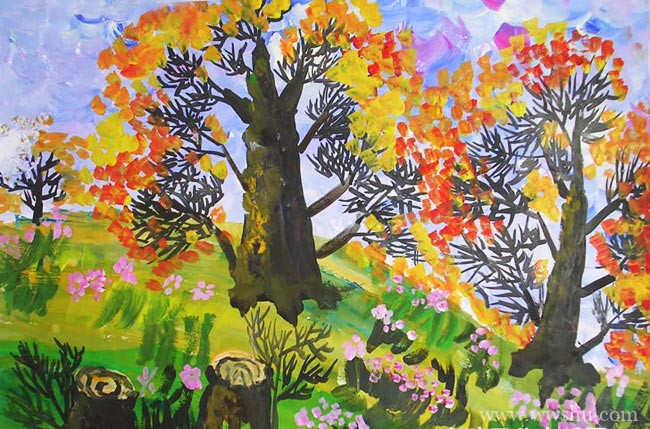 儿童画简单画秋天的树林图片