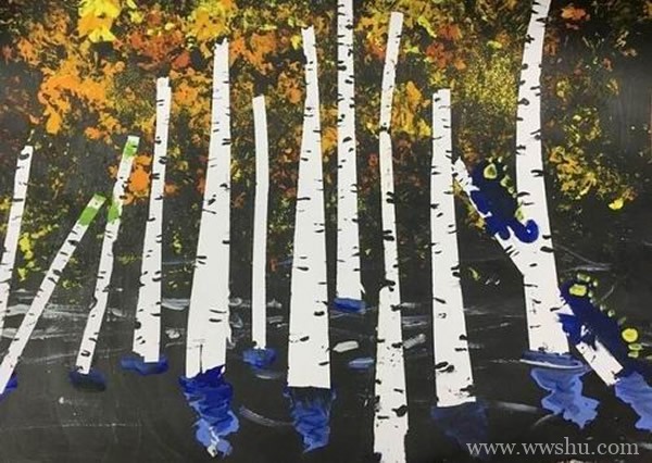 幼儿大班水粉画秋天的白桦林