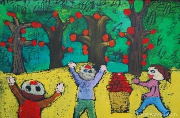 秋天果园里丰收的景象儿童画