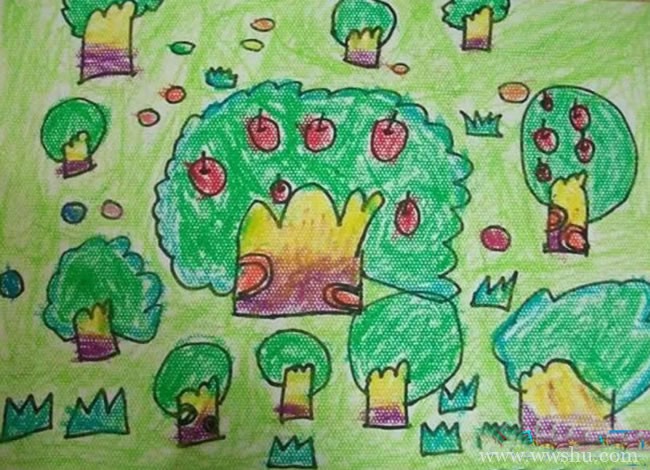 秋天果园丰收的儿童画