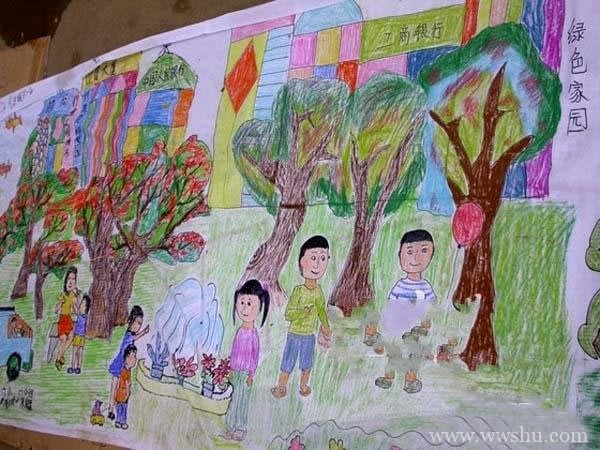 绿色家园儿童画彩铅画图片