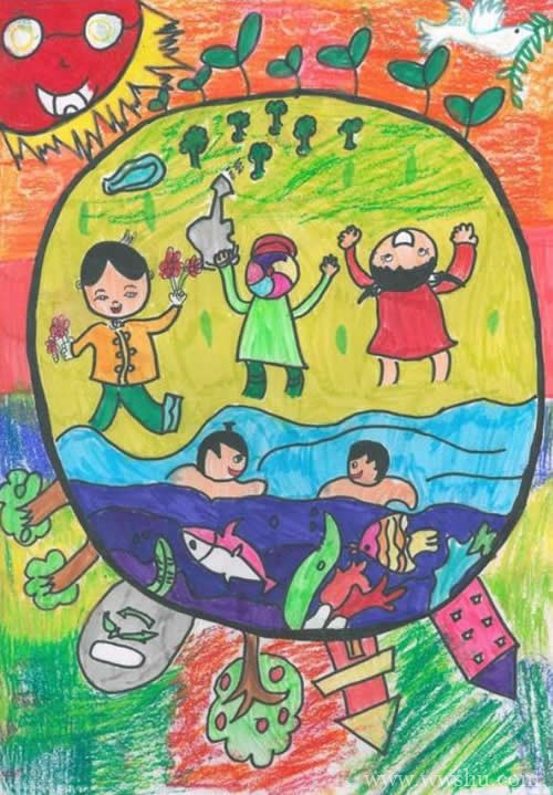 世界地球日携手保护环境儿童画