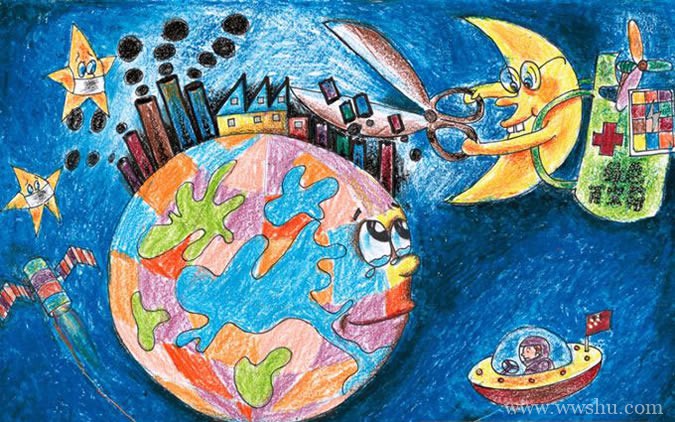 月亮给地球看病保护地球儿童画作品