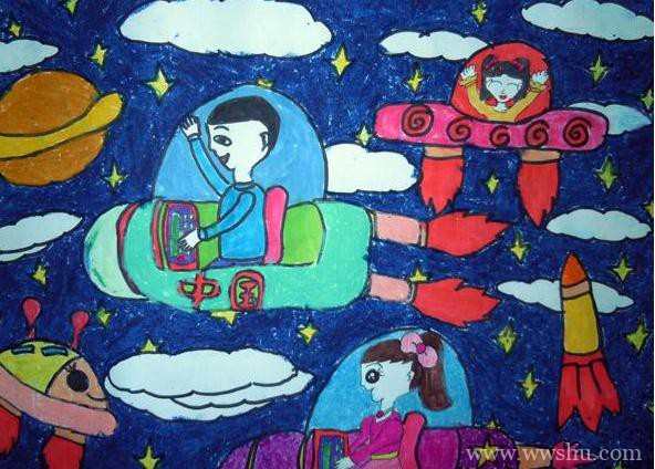畅想未来乘坐宇宙飞船儿童画作品图片